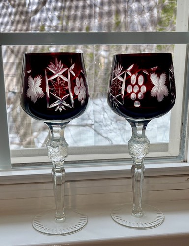 Set 2 Ruby Red Cut To Clear Crystal Bohemian Wine Glasses 8.5” Tall