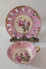 Royal Sealy China Lattice Saucer Matching Footed Teacup Pink Rose Pattern Japan