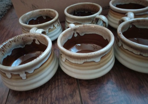 Set Of 6 Vintage Drip Glaze Pottery, Stoneware Soup Mugs 70’s Retro Style - Picture 6 of 10