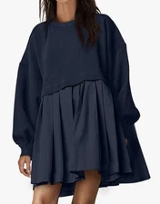ANRABESS Navy Blue Sweatshirt Dress Oversized Loose Pleated Pullover Mini Small