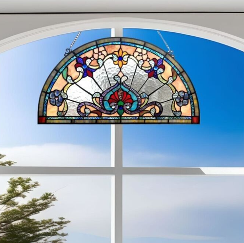 Tiffany Style Stained Glass Window Panel Semi Circle Suncatcher 212 Pieces Glass - Picture 7 of 7