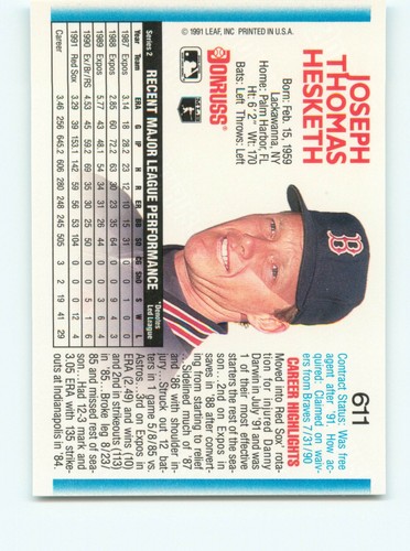 1992 Donruss #611 Joe Hesketh Boston Red Sox - Picture 2 of 2
