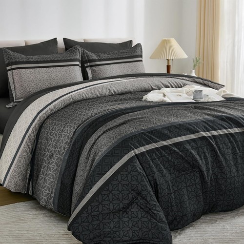 WONGS 7-Pcs Boho Comforter Set - Striped Microfiber Bed in a Bag For All Season - Picture 4 of 68
