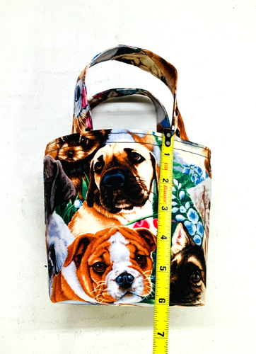 Mini bolso de mano/bolso de regalo forrado de tela hecho a mano multicolor estampado de cara de perro - Imagen 5 de 6
