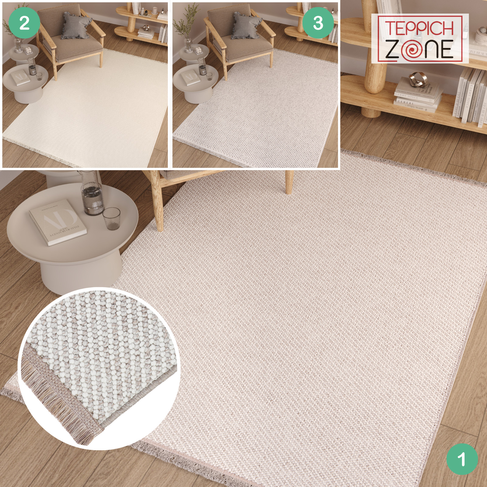 Alfombra de salón flecos blanco diseño boho aspecto lazo salón dormitorio