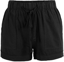 Women's Elastic Waist Casual High Waist Drawstring Shorts With Pockets, Black, S