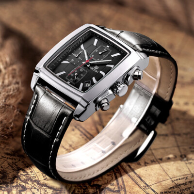 MEGIR Mens Leather Wristwatches Square Dial Chronograph Classic Quartz Watches