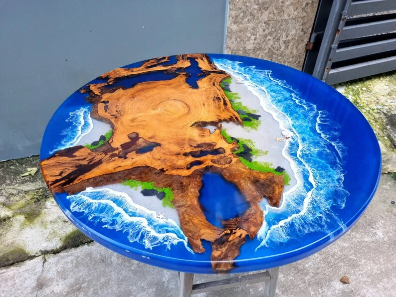 Ocean Blue Epoxy Table, Round Wood and Epoxy Coffee Table, Epoxy River Table,-image