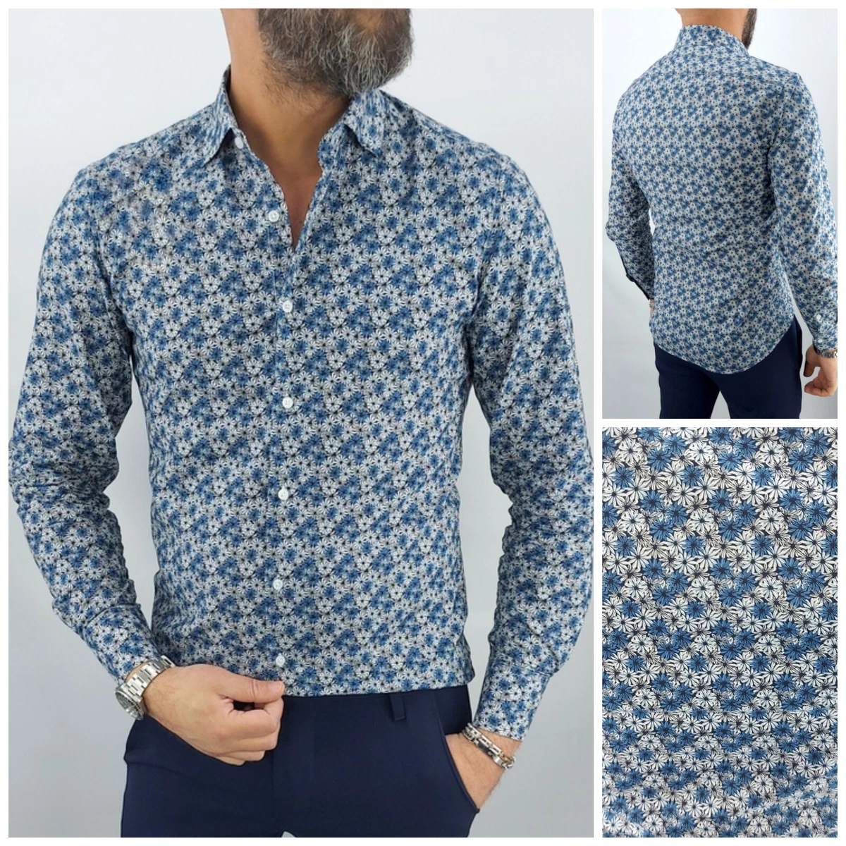 Camicia da Uomo Bastoncino Motivo Floreale Blu