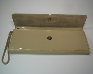 taupe patent leather clutch