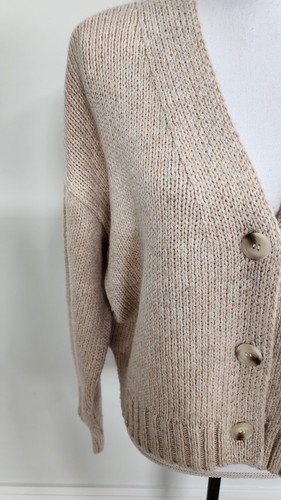 H-HALSTON Relaxed Fit V-Neck Button Down Short Sweater In Light Beige Sz L NWT - Picture 2 of 16