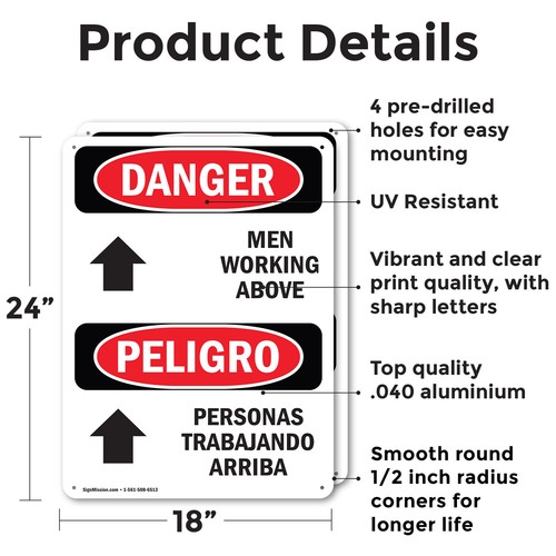 (2 Pack) Men Working Above Bilingual OSHA Danger Sign Decal Metal Plastic - Imagen 2 de 23