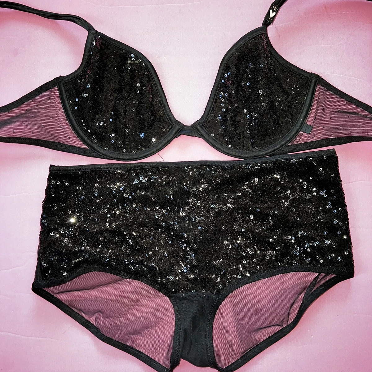 Victoria's Secret unlined 34C,34DD BRA SET s panty BLACK sequined mesh