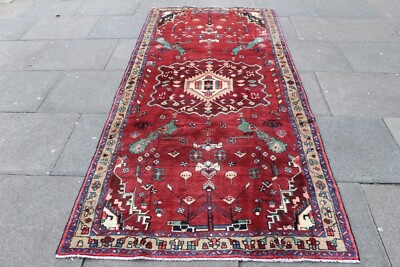 Vintage Handgeknüpfter Traditioneller Orientteppich Wolle Rot Flur Lang 301x120cm