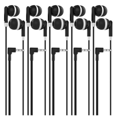 5 Pack of BLACK 3.5mm In Ear Earbuds Headphones - Individually Wrapped - Bulk