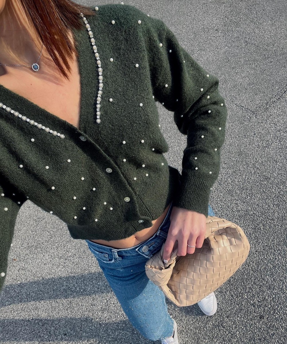 BNWT ZARA BOTTLE GREEN KNIT CARDIGAN WITH PEARL BEADS SIZE L | eBay
