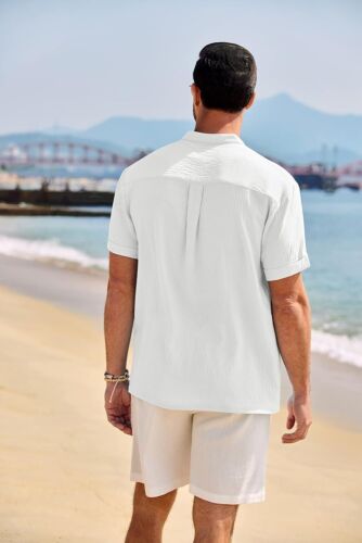 COOFANDY Men's Casual Henley Shirt Band Collar Short Sleeve Medium, White - Picture 3 of 5