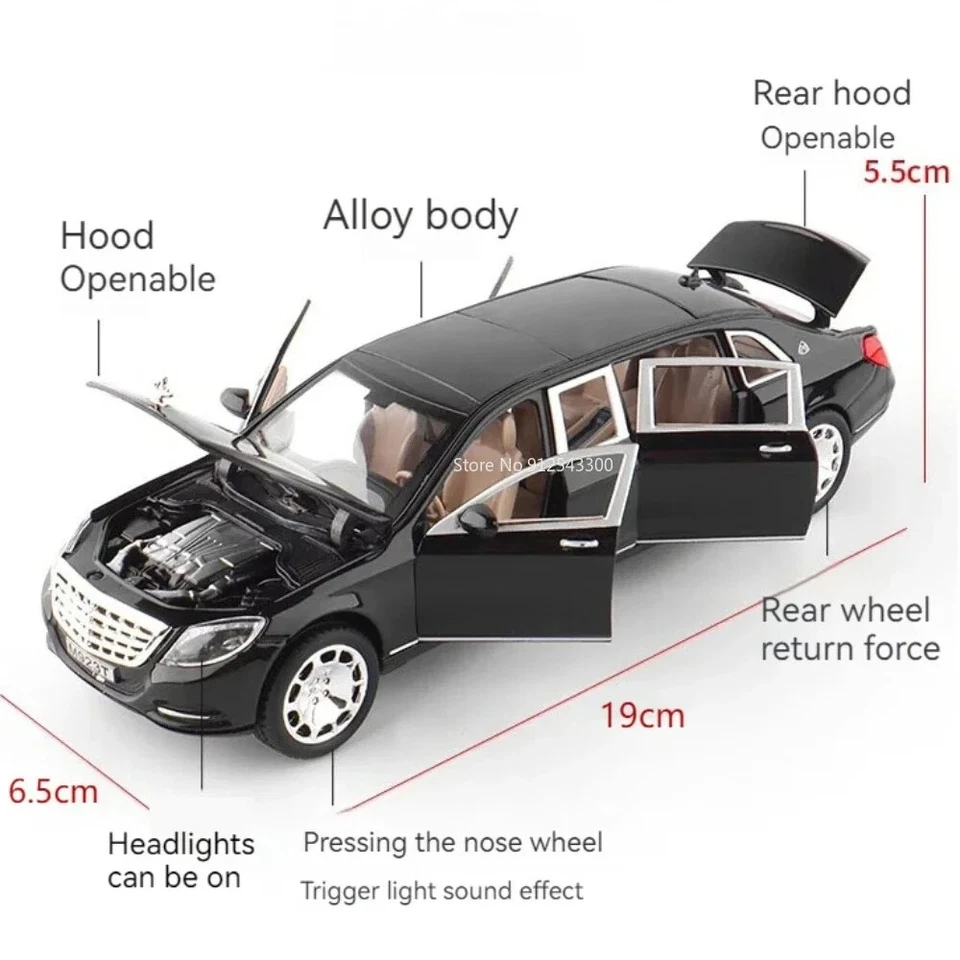 1/24 Maybach S600 Coche de Lujo Modelo Juguete Diecast Sonido Luz Modelo Coche Colección Foto 3 de 4