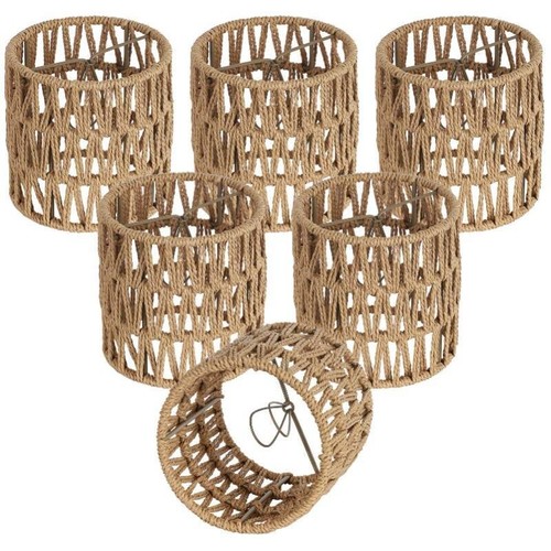 6 Pack Natural Rattan Chandelier Lamp Shades Clip on Bulb 5.1 x 5.1" Boho Style