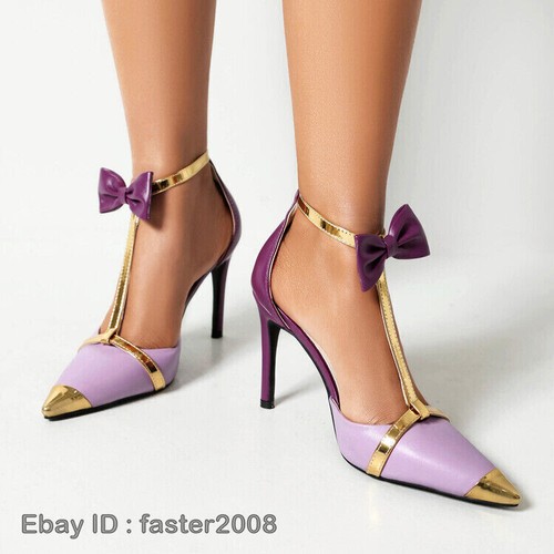 Pointed Toe Womens T Strap High Stilettos Heels Buckles Pumps Bowknot Shoes Size - Picture 15 of 26