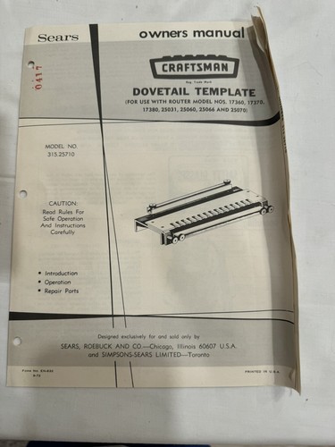 Vtg SEARS Craftsman Commercial "ROUTER DOVE TAIL TEMPLATE" (#9-2571) - Picture 7 of 9