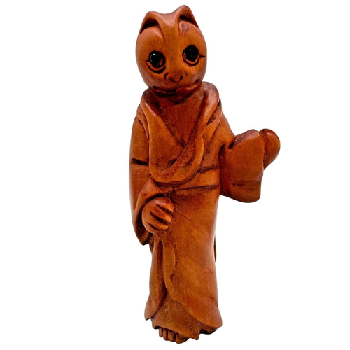 Ojime Perlen Netsuke Katze trägt Kimono handgeschnitzt Buchsbaum signiert Figur 1,25 Zoll