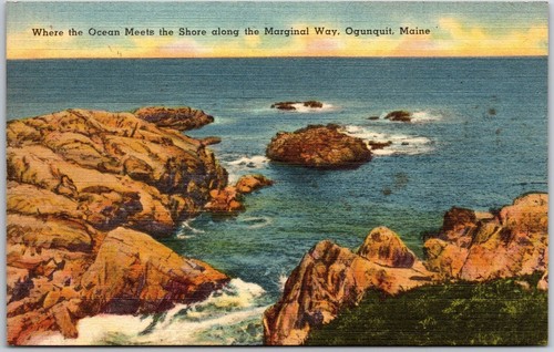 1953 Ozean trifft die Küste entlang des Randwegs Ogunquit Maine Postkarte
