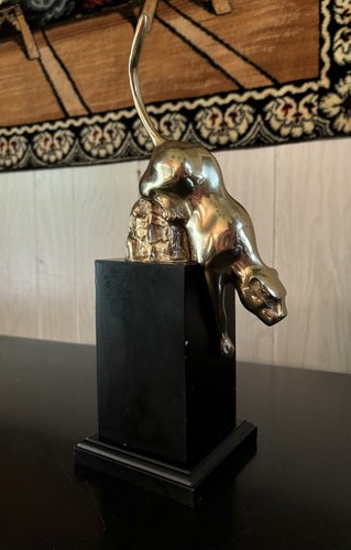 Vintage Art Deco Brass Puma Panther Figurine Statue Pedestal Art - Picture 3 of 15