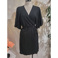 Old Navy Waist-Defined Puff-Sleeve Linen-Blend Mini Wrap Dress Size M Tall Black
