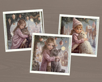 Whimsical Elf Girls & Cats Puzzle Set   120 Pieces Each, 7.8''x11.3  Handmade
