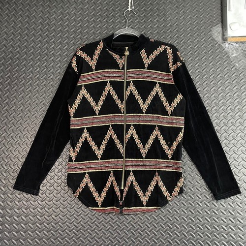 Vintage Geometric Pattern Black Silk Blend Made In Korea Full Zip Light Jacket L
