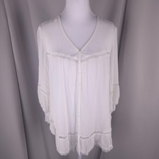 Karen Kane Blouse Womens XS White Crochet Trim Button Front Tunic Boho Fringe