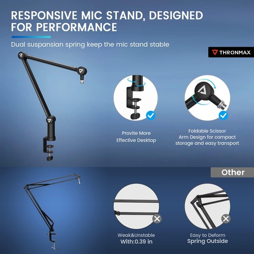 THRONMAX S3 Adjustable Boom Arm Mic Stand 360° Rotating Desk Mount w/ Cable - Picture 13 of 15
