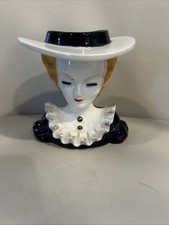 5" Lady Head vase Thames Vintage Japan Big Hat Blonde Ruffled Shirt, Black Dress