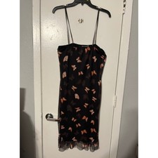 PrettyLittleThing Black Butterfly Mesh Midi Dress Ruffle Hem Size 14 Womens