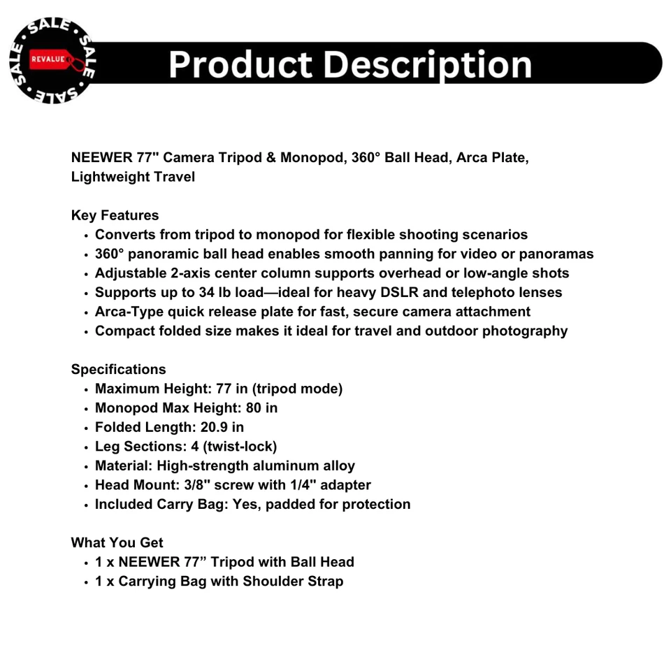 NEEWER 77" Camera Tripod & Monopod, 360° Ball Head, Arca Plate, Lightweight Trav - Image 2 of 4