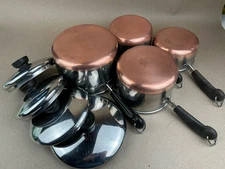 Vtg Revere Ware 8PC Sauce Pan Set Copper Bottom w/Lids 1Qt, 1.5Qt, 2Qt, 3Qt Rome
