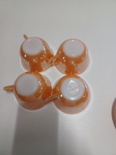 4-VTG Anchor Hocking Fire King Peach Lusterware Laurel Leaf Tea Cups & Saucers - Picture 6 of 7