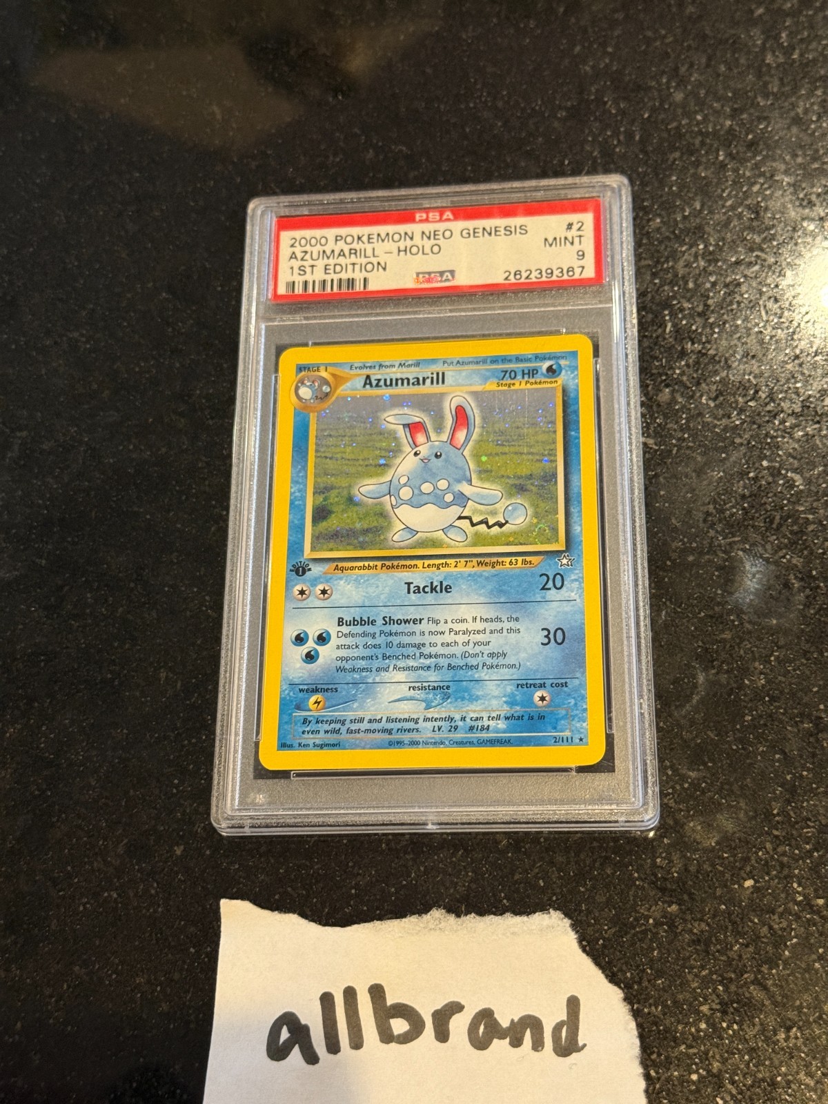 2000 Pokémon Neo Genesis Azumarill Holo 1st Edition #2 PSA 9 MINT – SWIRL