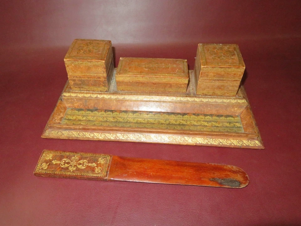 Антикварный 12,5-дюймовый кожаный прямоугольный двойной стол чернильница коробка для марок набор для открывания писем - Изображение 3 из 4