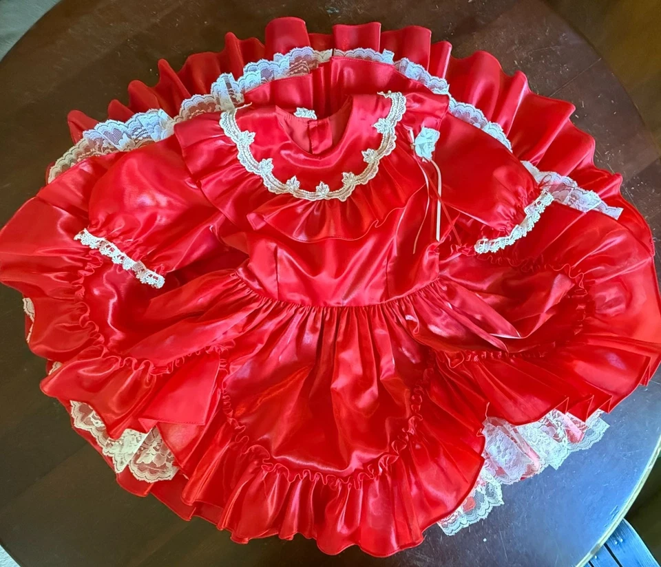 Vintage Red Lace Ruffled Party Dress Full Circle Handmade Girls Size 5/6 - Image 2 of 4