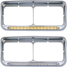 Chrome Rectangular Dual Headlight Bezels With Clear Lens Amber LED 2Pcs