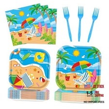 96Pcs Beach Party Supplies Summer Pool Party Paper Plates Napkins Forks Set