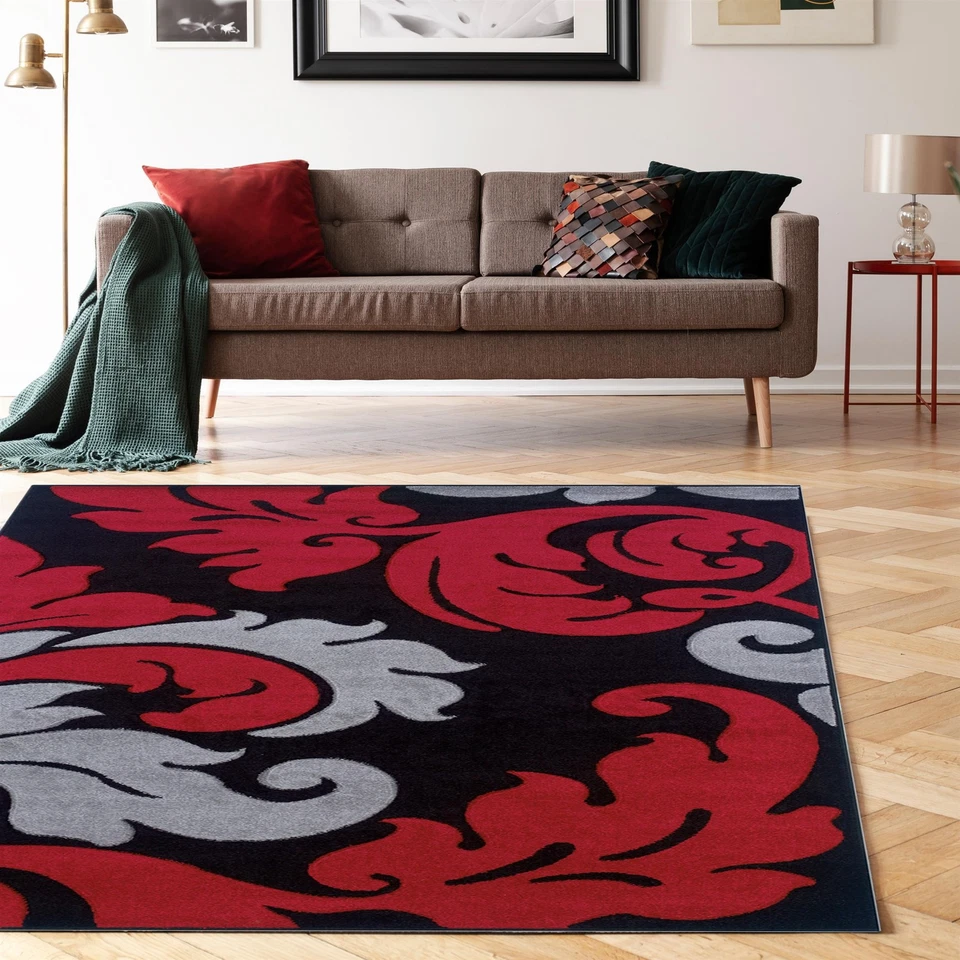Linon Corfu Damask Frieze Yarn Pile  5'x7'7" Area Rug in Black & Red - Image 2 of 4