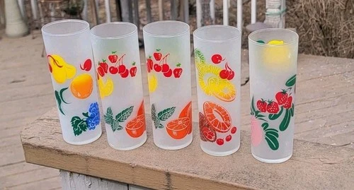 5 Frosted Fruit Tom Collins Tumblers Glasses / Barwar Vintage MCM
