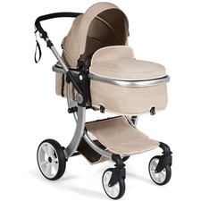 Folding Aluminum Infant Bassinet Reversible Baby Stroller W/ Outdoor Bag Beige