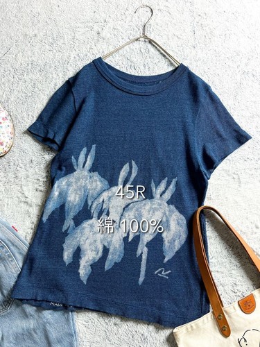 45R Indigo T Shirt Cotton 100 Iris Print Japan Dyed Floral Oversized Top
