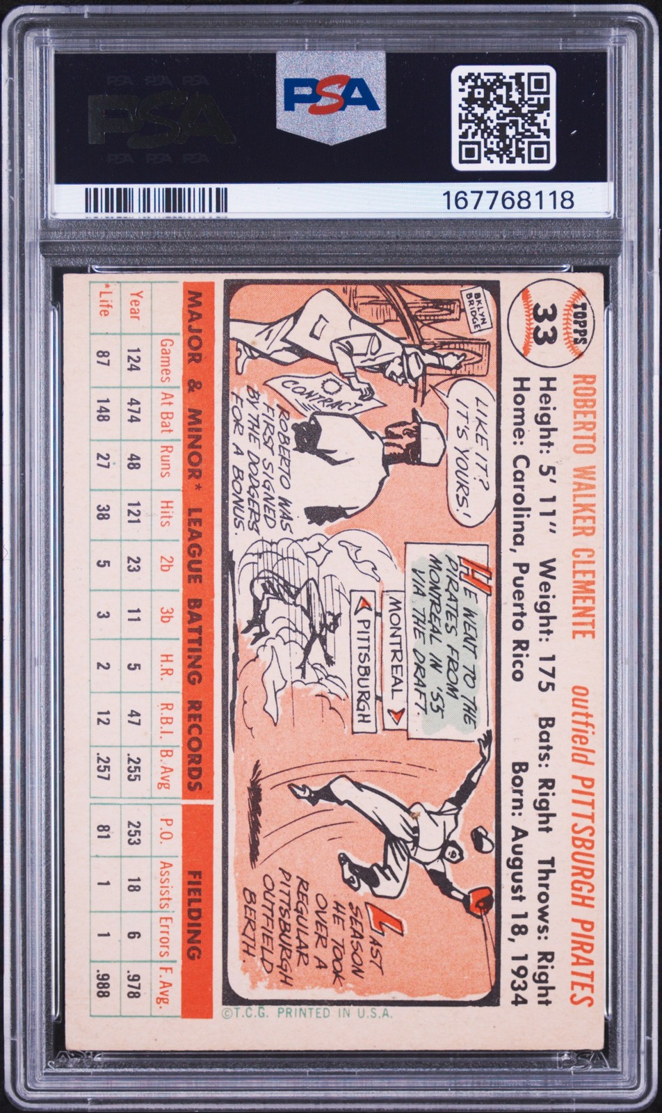 1956 TOPPS WHITE BACK #33 ROBERTO CLEMENTE PSA 2 view 2