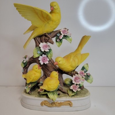 VTG Yamakuni Porcelain Ceramic Yellow Canary Family Figurine Japan Orchids 11''