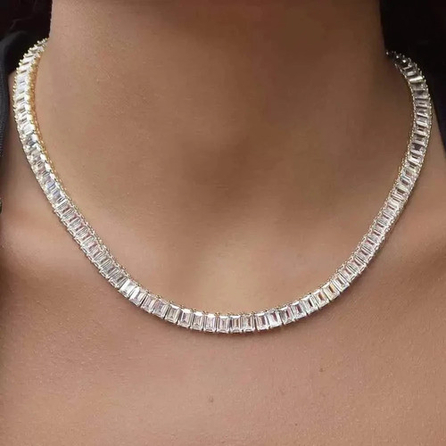 30Ct Emerald Cut LabCreated Diamond Women Tennis Necklace 14k Wh Gold Plated 18" - Picture 5 of 6